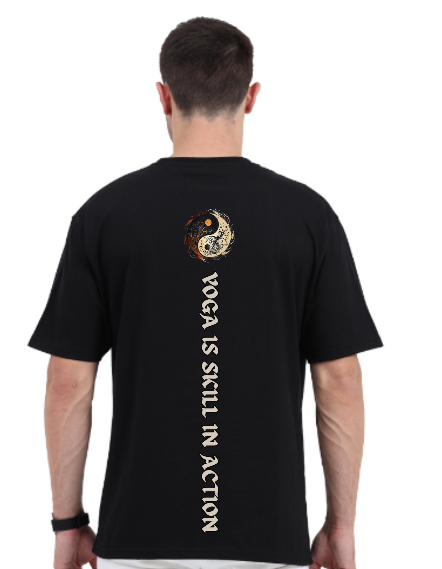 Oversized Drop Shoulder Round Neck Black Cotton T-Shirt with Sanskrit Typography - योग: कर्मसु कौशलम् (Yoga is Skill in Action)