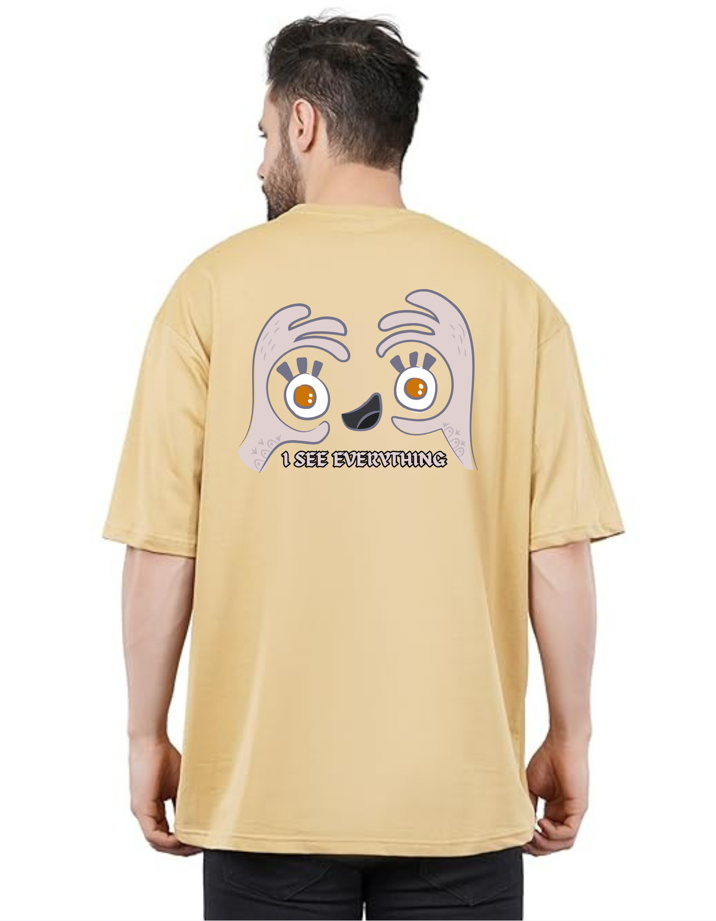 Oversized Drop Shoulder Round Neck Beige Cotton T-Shirt with Sanskrit Typography - सर्वं पश्यामि (I See All)